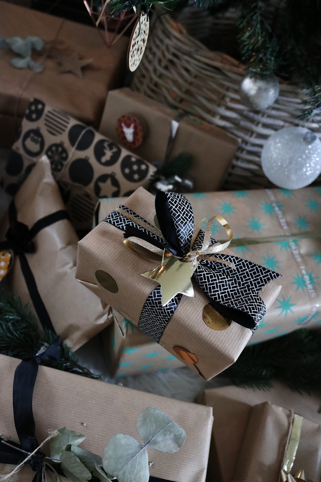 pauline-dress-besancon-noel-emballages-cadeaux-gift-christmas-2017-2018-kraft-nature-sapin-panier-garni-ruban-decore-etoile-dore-or-action-hema